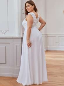 EVERPRETTY Plus V Back Lace Bodice Chiffon Wedding Dress - White - View 2