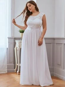 EVERPRETTY Plus V Back Lace Bodice Chiffon Wedding Dress - White - View 4