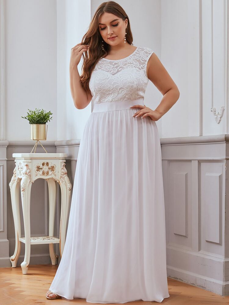 EVERPRETTY Plus V Back Lace Bodice Chiffon Wedding Dress - White - View 5