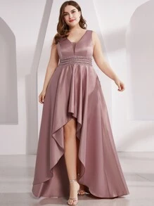 EVERPRETTY Plus Double V Neck Rhinestone Waist High Low Satin Prom Dress - Dusty Pink - View 1