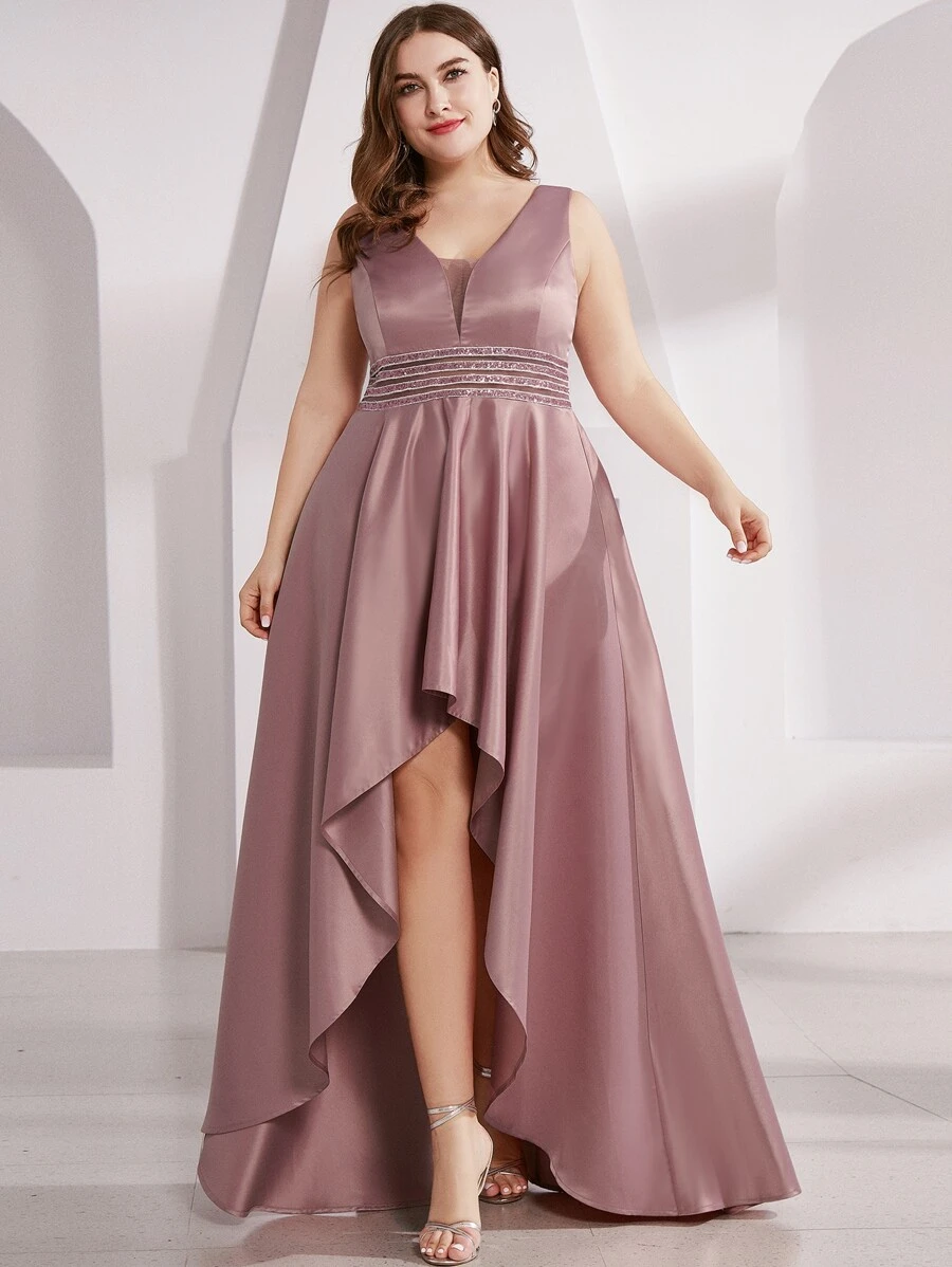 EVERPRETTY Plus Double V Neck Rhinestone Waist High Low Satin Prom Dress - Dusty Pink - View 1