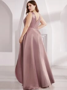 EVERPRETTY Plus Double V Neck Rhinestone Waist High Low Satin Prom Dress - Dusty Pink - View 2