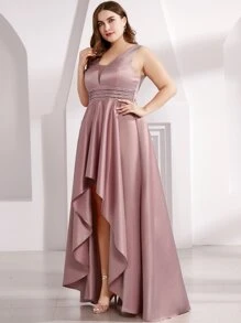 EVERPRETTY Plus Double V Neck Rhinestone Waist High Low Satin Prom Dress - Dusty Pink - View 4