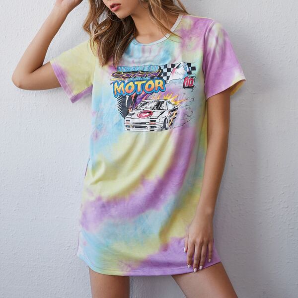 

Letter & Car Print Tie Dye Dress, Multicolor