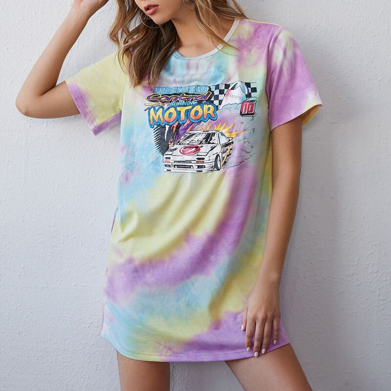 

Letter & Car Print Tie Dye Dress, Multicolor