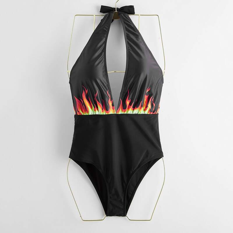 

Fire Graphic Halter One Piece Swimsuit, Black