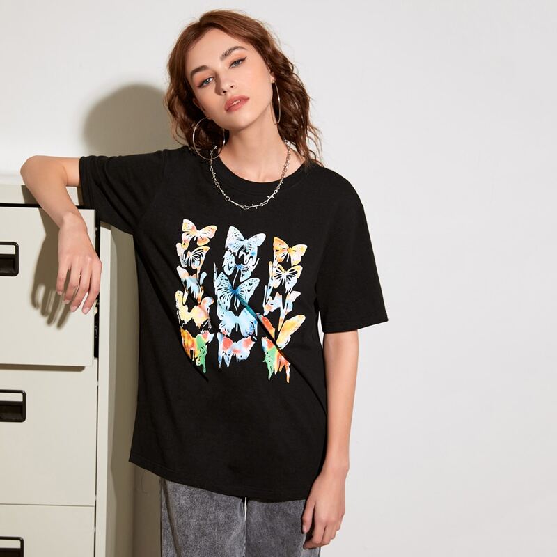 

Butterfly Graphic Drop Shoulder Tee, Black
