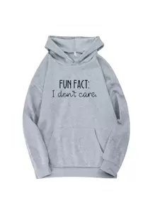 SHEIN LUNE Slogan Graphic Thermal Lined Drawstring Hoodie - Grey - View 1