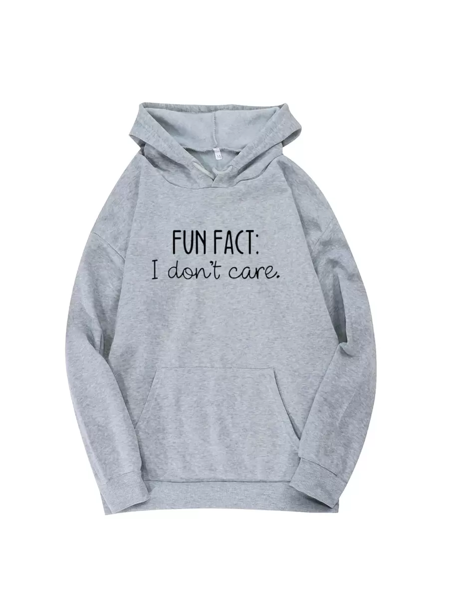 SHEIN LUNE Slogan Graphic Thermal Lined Drawstring Hoodie - Grey - View 1