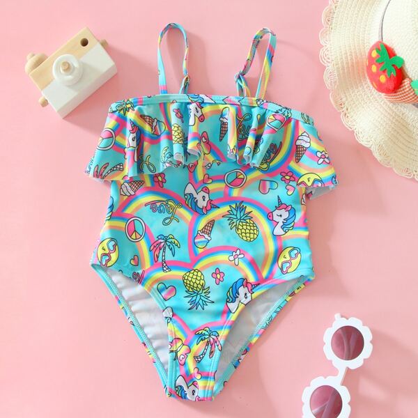 

Toddler Girls Unicorn Print Flounce One Piece Swimsuit, Multicolor