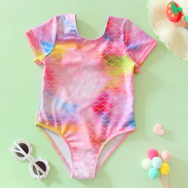 

Toddler Girls Fish Scale Print One Piece Swimsuit, Multicolor