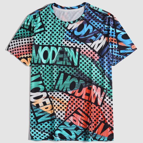 

Men Letter And Polka Dot Print Tee, Multicolor