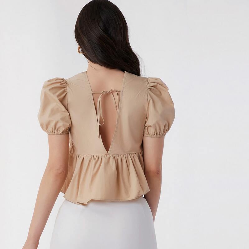 

Tie Back Puff Sleeve Peplum Top, Khaki