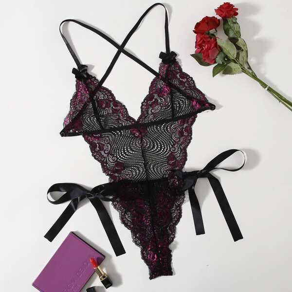 

Plus Floral Lace Tie Side Teddy Bodysuit, Black
