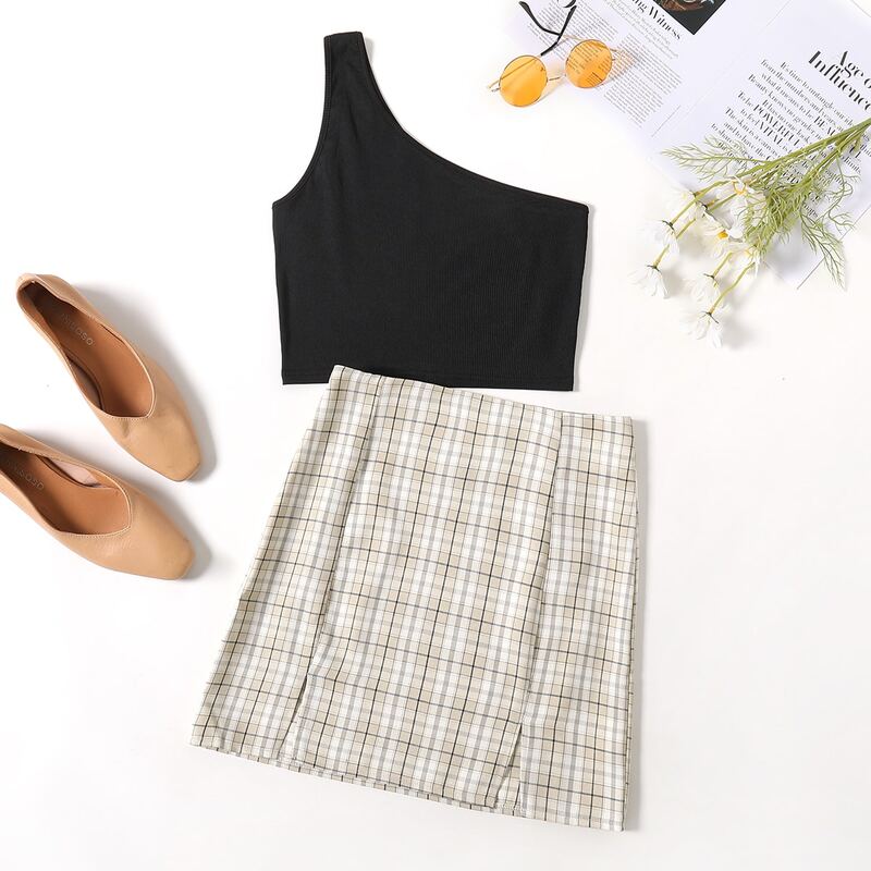 

One Shoulder Crop Top & Tartan Skirt Set, Multicolor