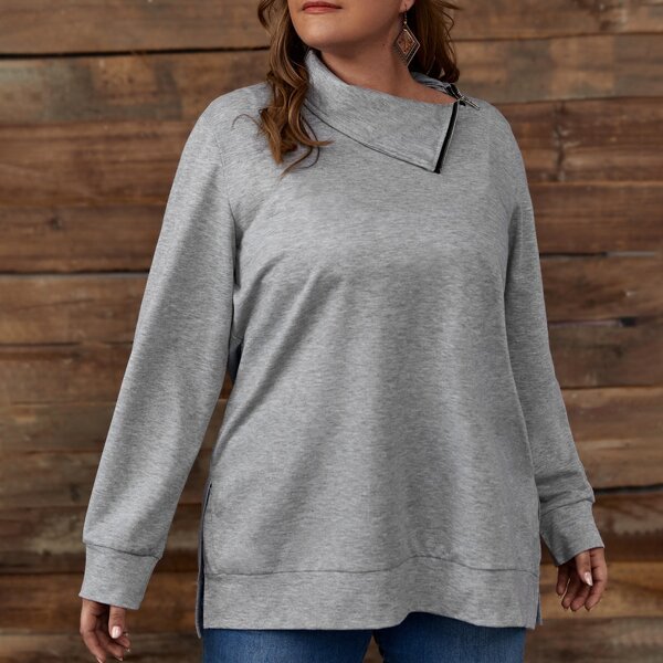 

Plus Split Side Solid Sweatshirt, Grey
