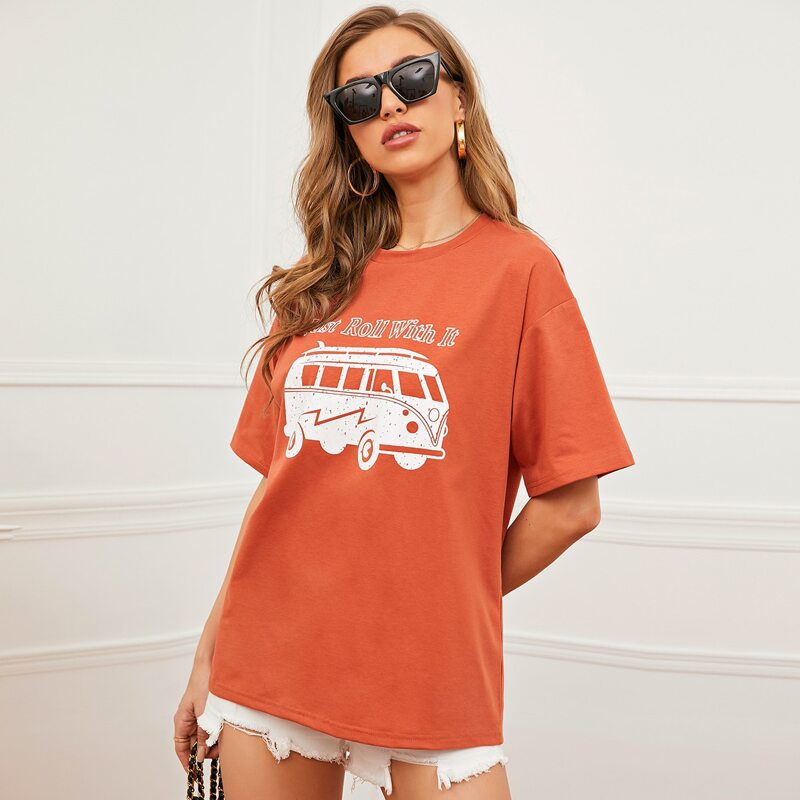 

Drop Shoulder Slogan & Car Print Tee, Burnt orange