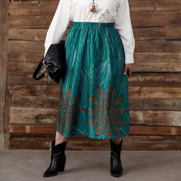 

Plus Graphic Print Elastic Waist Skirt, Dark green