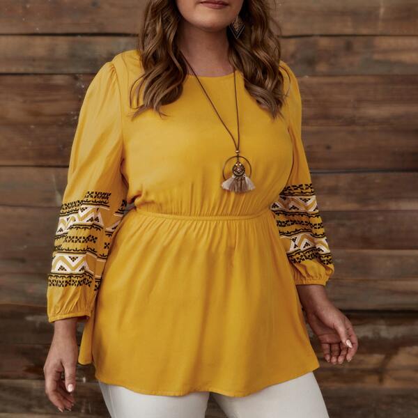 

Plus Chevron Pattern Bishop Sleeve Peplum Blouse, Yellow