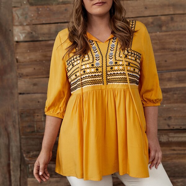 

Plus Floral And Chevron Embroidery Tie Neck Blouse, Yellow