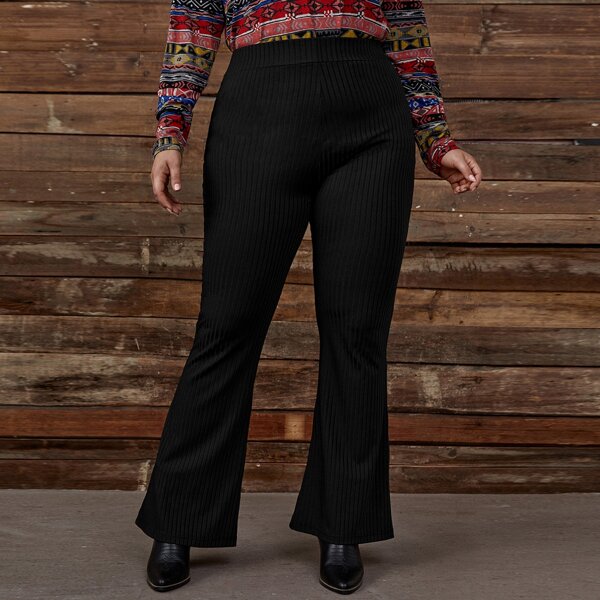 

Plus Solid Rib Flare Pants, Black