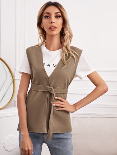 Slit Hem Belted Vest Coat