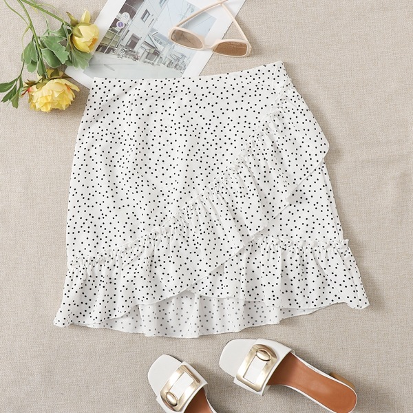 

Ruffle Hem Polka Dot Asymmetrical Hem Skirt, White