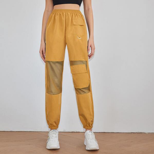 

Solid Mesh Panel Flap Pocket Cargo Pants, Yellow