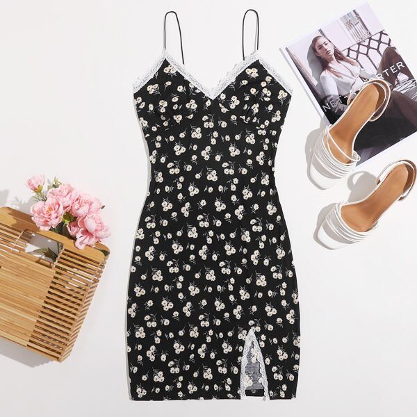 

Contrast Lace Trim Ditsy Floral Slip Dress, Black