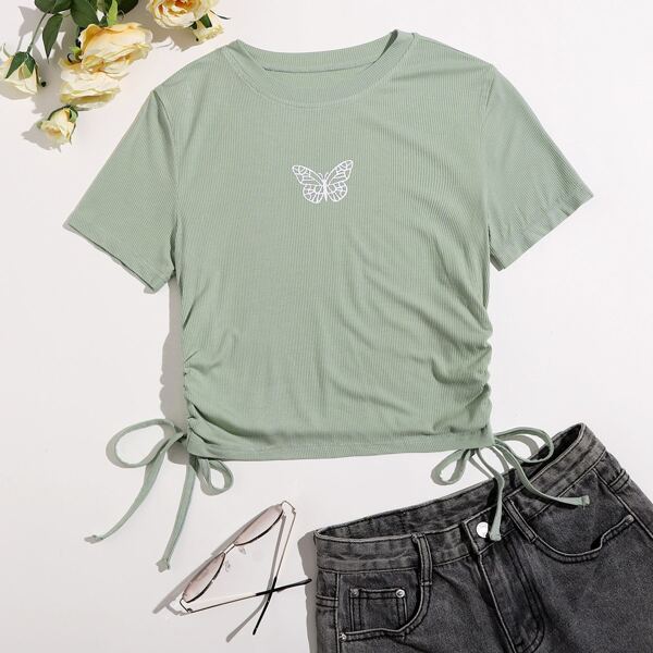 

Butterfly Print Drawstring Side Tee, Mint green