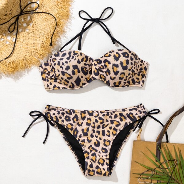 

Leopard Halter Tie Side Bikini Swimsuit, Multicolor