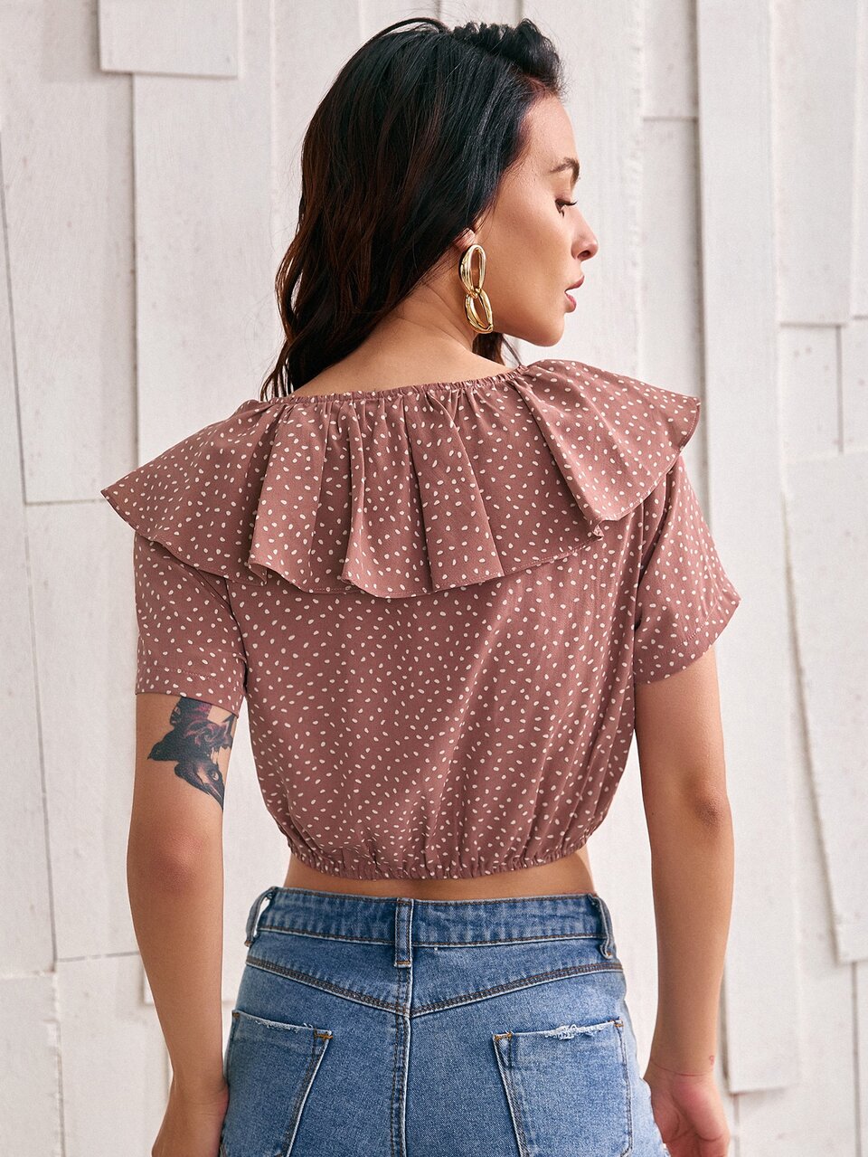 Ruffle Trim Allover Print Crop Blouse