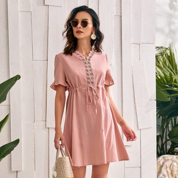

Contrast Lace Drawstring Waist Dress, Coral pink