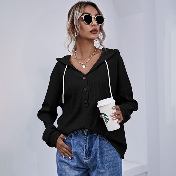 

Button Front Drawstring Waffle Knit Hoodie, Black