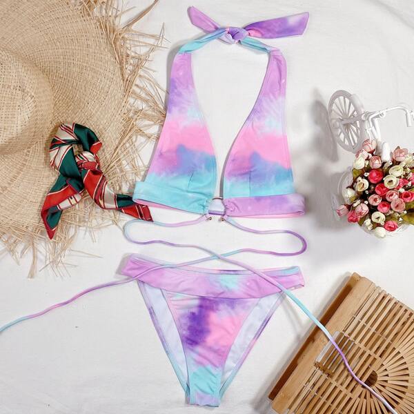 

Tie Dye Halter Thong Bikini Swimsuit, Multicolor