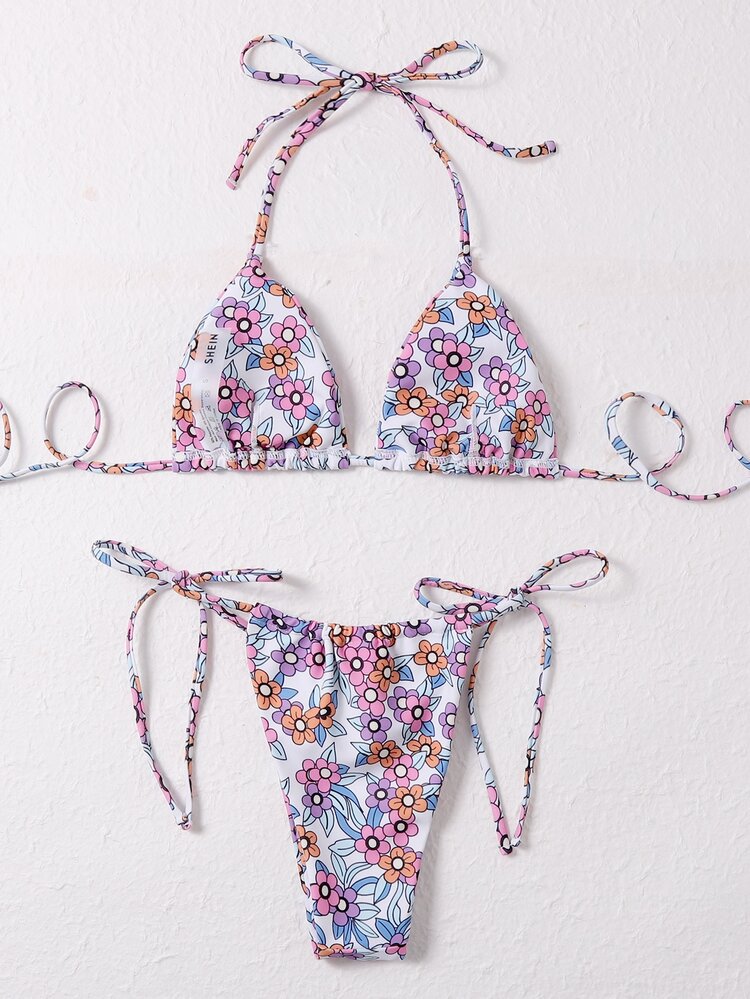 Conjunto de bikini de micro triángulo floral con tanga para playa de verano - Multicolor - Añade 2