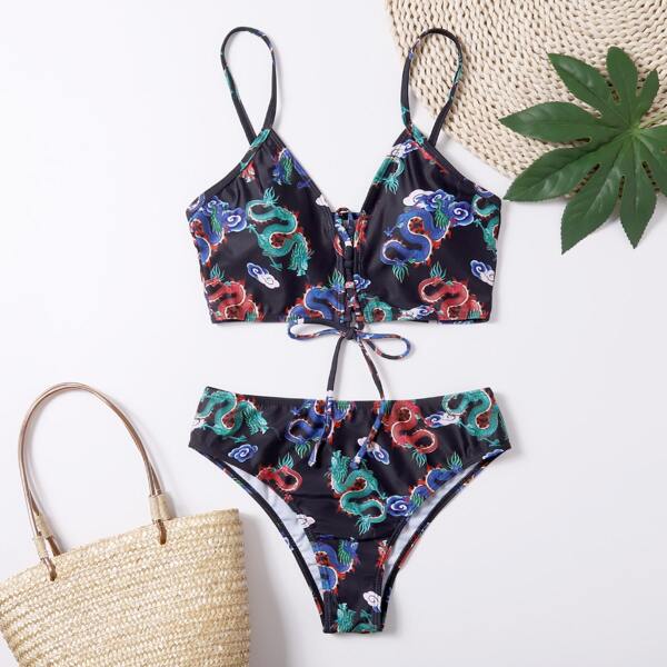 

Chinese Dragon Print Lace Up Front Bikini Swimsuit, Multicolor