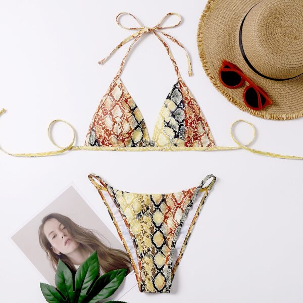 

Snakeskin Triangle Thong Bikini Swimsuit, Multicolor