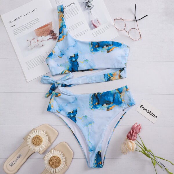 

Marble Print One Shoulder Bikini Swimsuit, Blue