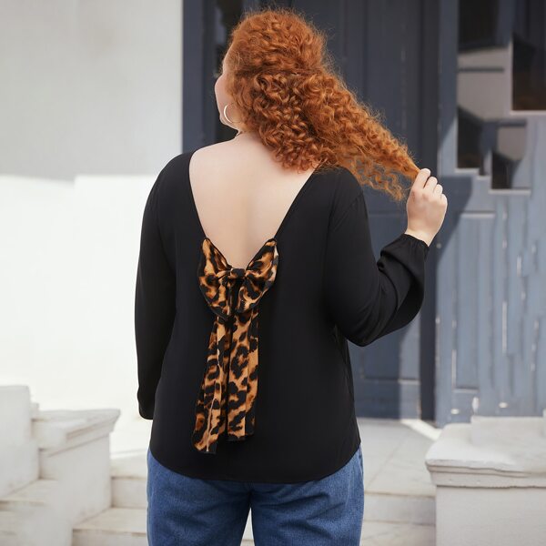 

Plus Leopard Bow Back Blouse, Black