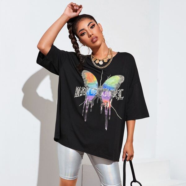 

Butterfly And Letter Graphic Tee, Black