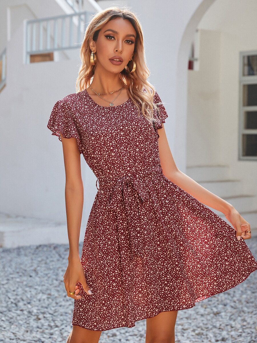Allover Print Belted Dress - Burgundy - View 1