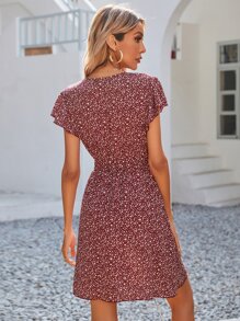 Allover Print Belted Dress - Burgundy - View 2