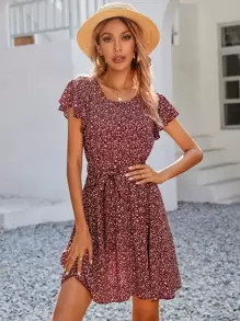 Allover Print Belted Dress - Burgundy - View 3