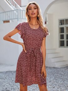 Allover Print Belted Dress - Burgundy - View 4