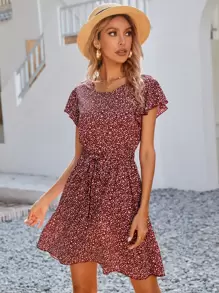 Allover Print Belted Dress - Burgundy - View 6