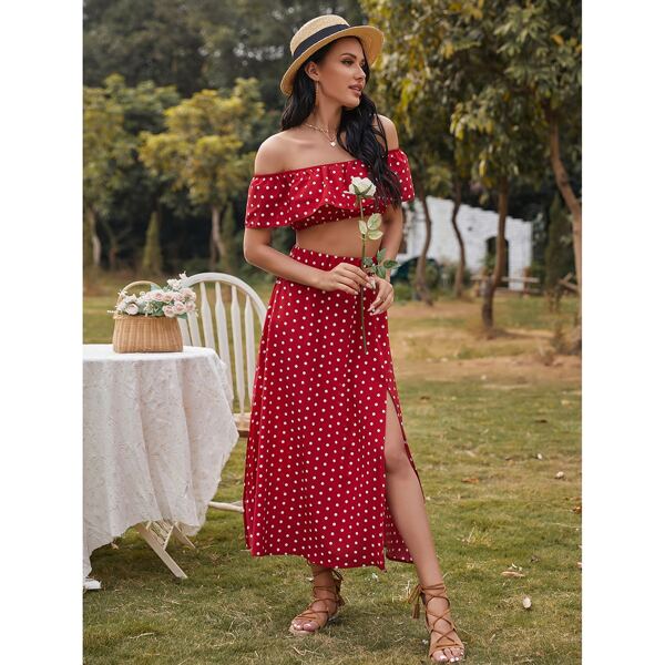 

Polka Dot Ruffle Trim Off Shoulder Crop Top With Split Hem Skirt, Burgundy