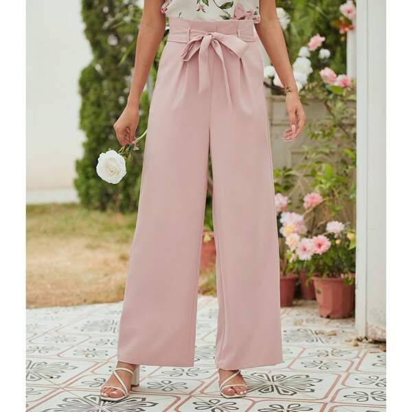 

Paper Bag Waist Pants With Belt, Pink