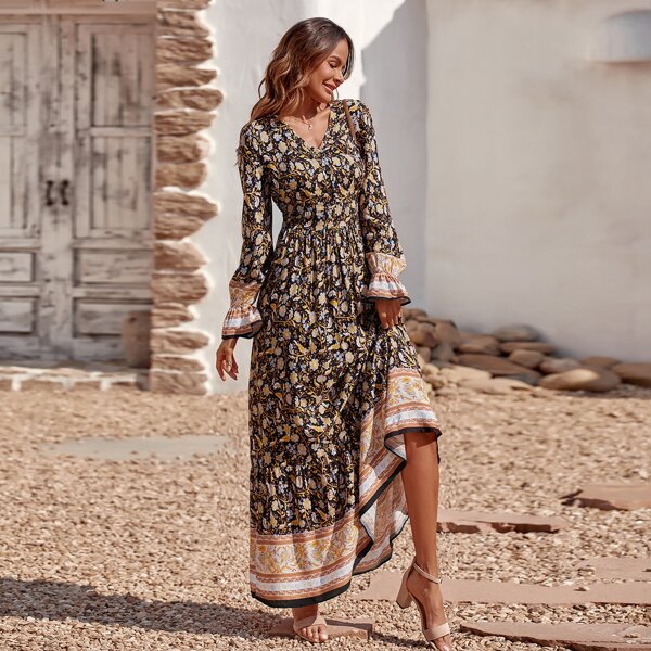 

All Over Floral Print Flounce Sleeve A-line Dress, Multicolor