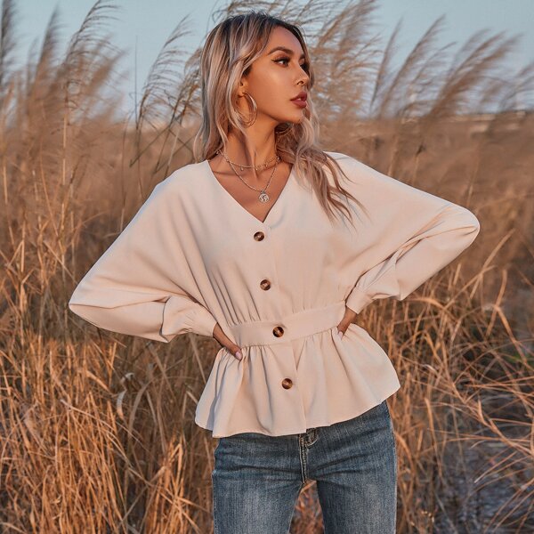 

Button Front Batwing Sleeve Peplum Blouse, Apricot